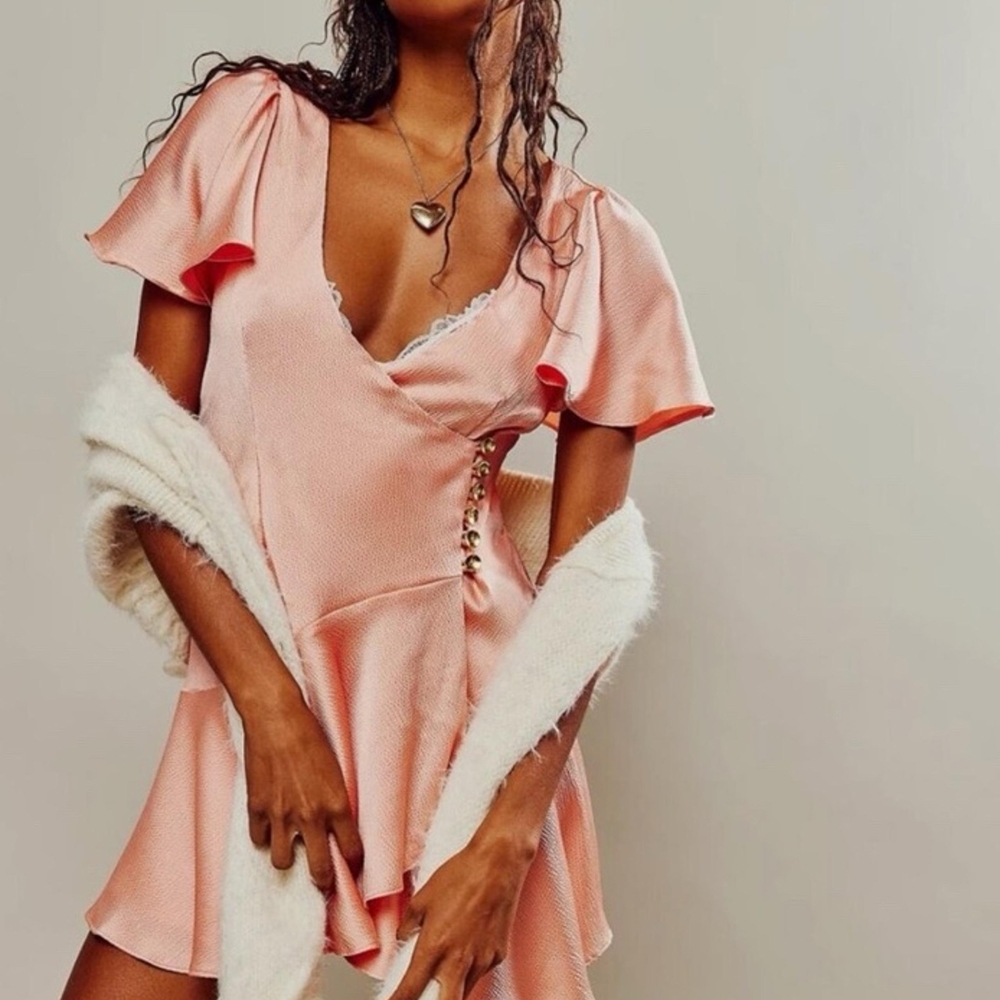 NWT Free People Blush Pink Mini Ruffle Wrap Scarlett Dress with Gold Buttons